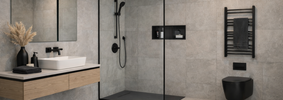 dušinurga lahendused, dušinurk, vannitoa trendid, profiilita dušinurk, raamita klaas dušinurk, mustad  detailid vannitoas, pivot-uksed dušinurk, dušinurga hooldus, suured plaadid vannitoas, suurte plaatidega vannituba