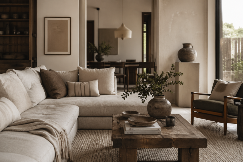 2026 sisustustrendid, sisekujundus trendid 2026, kodu värvitrendid, sisekujundus värvid, looduslikud materjalid, beež interjöör, terrakota sisustus, orgaaniline disain, pehmed vormid, kodu sisustus ideed, hubane kodu, tekstuurid sisekujunduses