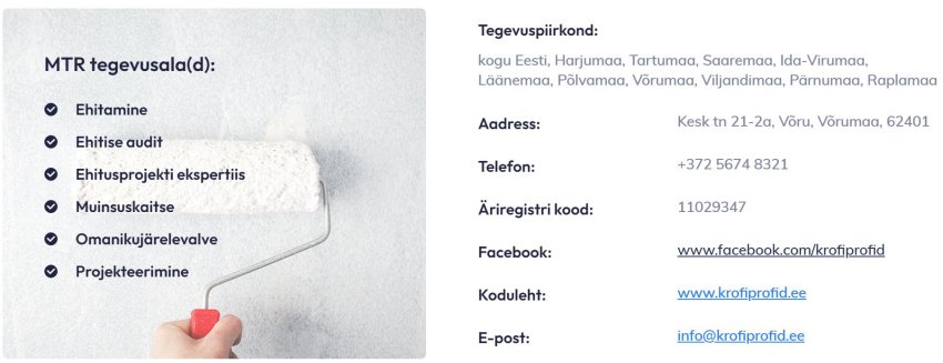 kodulehe kontaktid, veebilehe kontaktid, koduleht tegevusalad