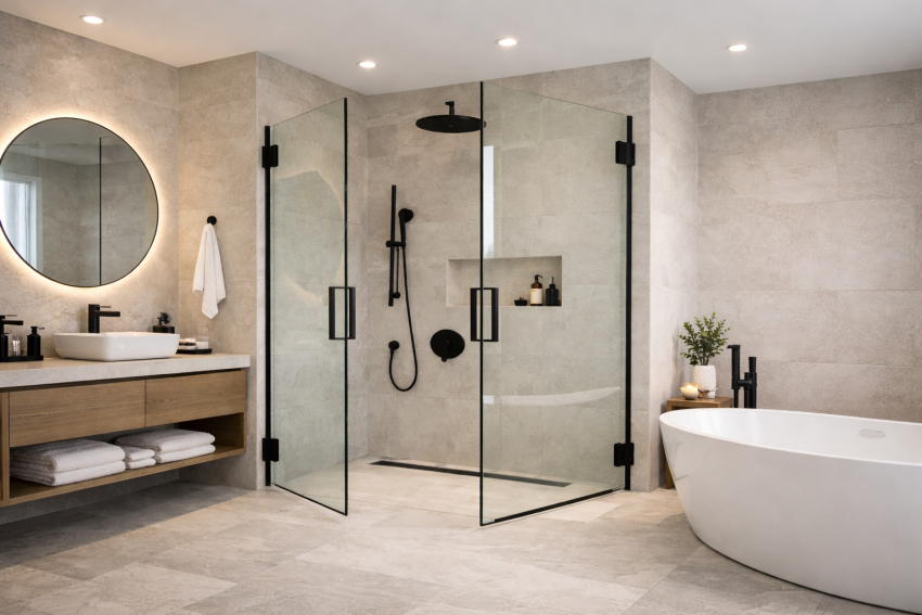 dušinurga lahendused, dušinurk, vannitoa trendid, profiilita dušinurk, raamita klaas dušinurk, mustad  detailid vannitoas, pivot-uksed dušinurk, dušinurga hooldus, suured plaadid vannitoas, suurte plaatidega vannituba