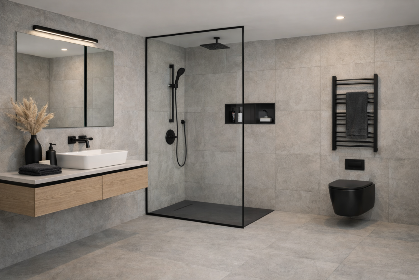 dušinurga lahendused, dušinurk, vannitoa trendid, profiilita dušinurk, raamita klaas dušinurk, mustad  detailid vannitoas, pivot-uksed dušinurk, dušinurga hooldus, suured plaadid vannitoas, suurte plaatidega vannituba